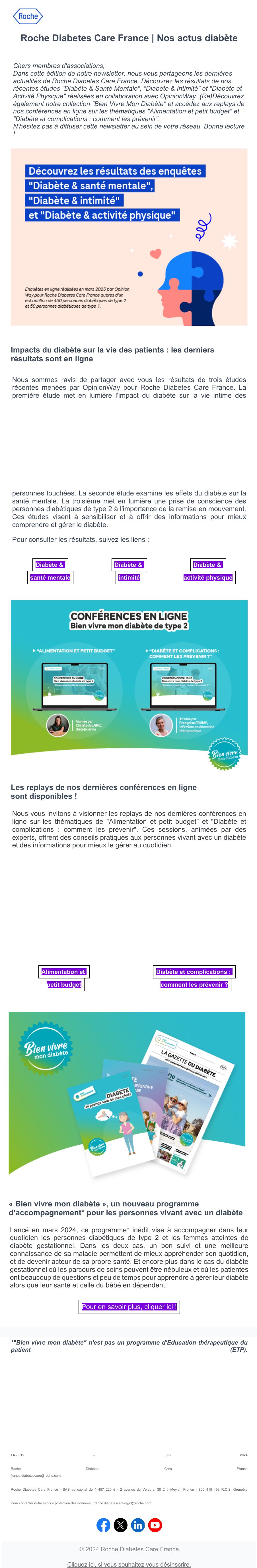 Newsletter de juin 2024 : résultats des études OpinionWay, replays des conférences, programme Bien vivre mon diabète