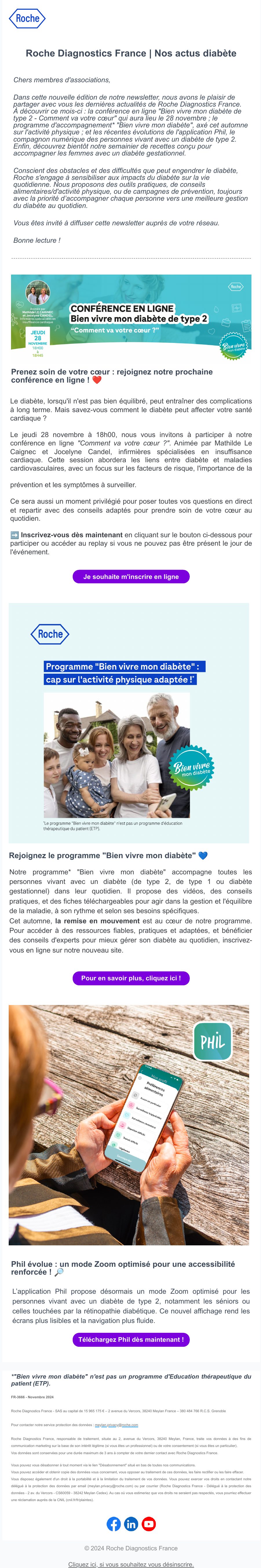 Newsletter de novembre 2024 : conférence en ligne sur le diabète et le cœur, programme Bien vivre mon diabète, application Phil