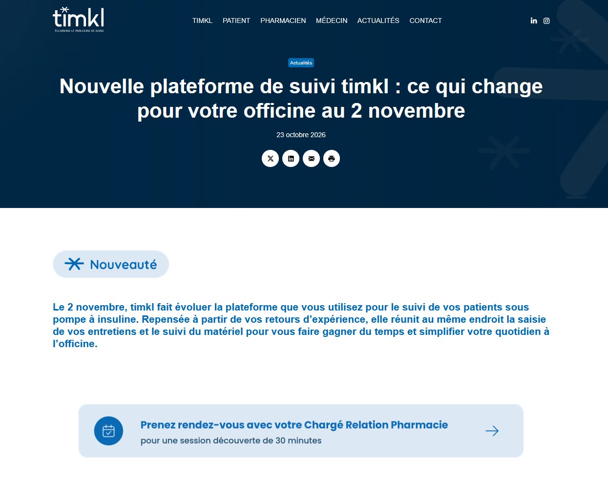 Page « Nouvelle plateforme de suivi timkl : ce qui change pour votre officine au 2 novembre »